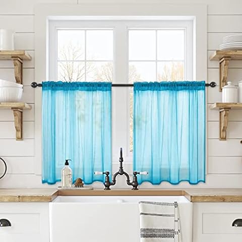 ANRODUO Kitchen Tier Curtains Half Window Sheer Short Curtains Transparent Light Glare Filtering Airy Window Treatment Curtains for Bathroom Small Windows Bathroom Sky Blue, W 29 x L 36, 2 Panels Cover