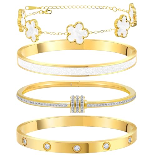 MOINSPIRE 18K Gold Plated Bracelets for Women, Stainless Steel Four