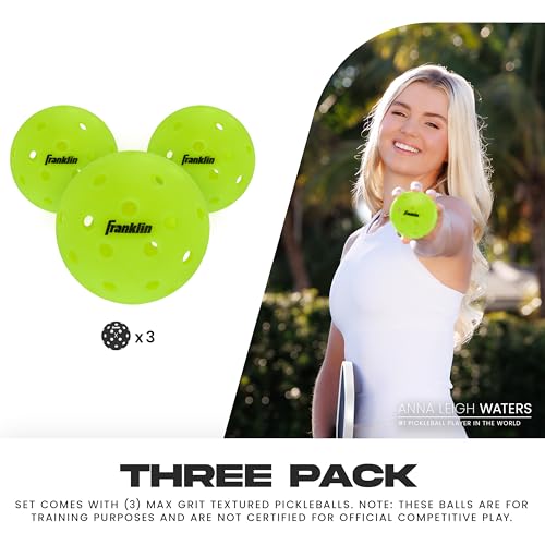 Image of Franklin Sports Max Grit Textured Training Pickleballs - 3 Pack - Yellow | Extra Spin + Control, Instant Grip Out Of Box, 40 Drilled Holes, Mimics Official X-40 Flight, Precision Shots + Drills