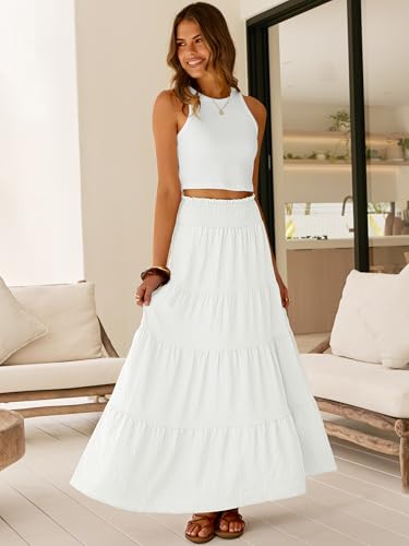 ANRABESS Womens Maxi Skirts, Elastic High Waist A-Line Tiered, Long Flowy Boho Skirts, Summer Casual Beach & Vacation Wear White M - Thumbnail 6