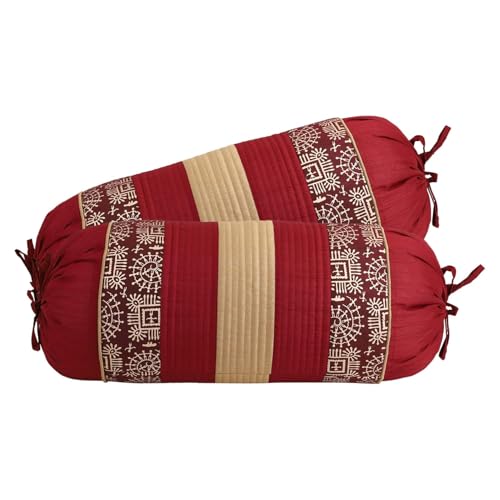 Image of Gifts Island Set of 2 Polyester Silk Traditional Hand-Block Printed & Striped Bolster Covers (Dark Maroon)