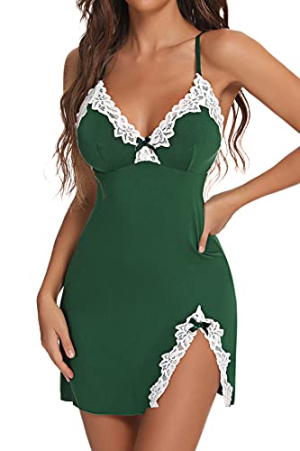 Aranmei Women Sexy Lace Chemise Nightgown Sleepwear V Neck Full Slip Babydoll Lingerie Sleep Dress(Green Medium) #TOP1