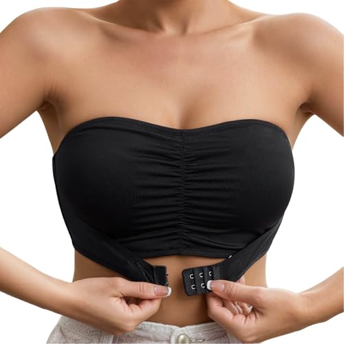 Womens Bandeau Strapless Bras Push Up Wireless Front Closure Ice Silk Bralette Comfortable Sports Tube Top Bra Black, XL