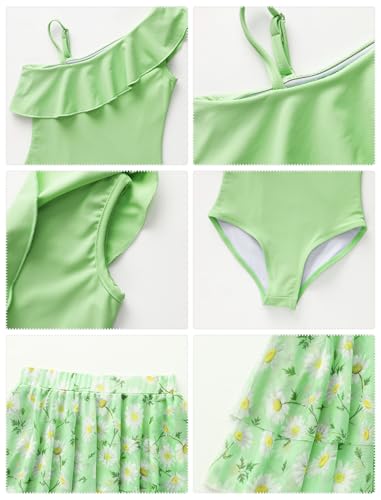 Image of IBTOM CASTLE Girls Swimsuit with Skirt Cover up One Shoulder Straps Ruffle One Piece Bathing Suit Swimwear 5-14Y