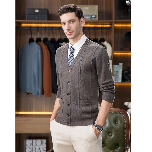 Mens 100% Wool Cardigan Sweater Casual V Neck Cable Knitted Cardigans Button Down Winter Chunky Sweaters with Pockets2