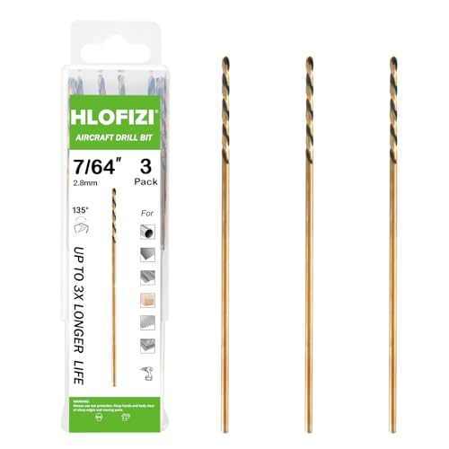 HLOFIZI 7/64 x 8 Inch Extra Long Drill Bits (3 Pack), Aircraft Drill Bit Black and Gold M2 HSS for Wood, Plastic, Thin Metal Sheet