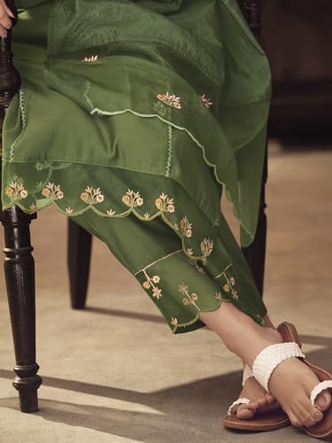Image of INDO ERA Cotton Blend Women's Embroidered Straight kurta and pant with dupatta set