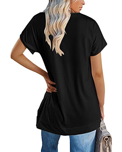 Zeraly Women's Round Neck Solid Color T-Shirt Side Slit Casual Short-Sleeved Summer Sports Tunic Top Black #TOP1