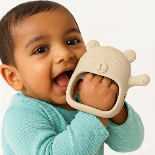 Image of Nubokind Wrist-Fit Elephant Sensory Teething Toy for Babies 3-12 Months | Food-Grade Silicone No-Drop Teether | BPA-Free Activity Toy for 3-6 Months & 6-12 Months | Soft Infant Chew Toy (Beige)
