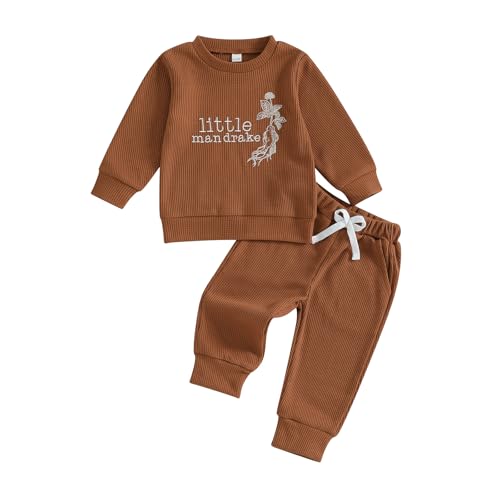 Image of Gueuusu Toddler Baby Boy Girl Fall Outfit Letters Embroidery Long Sleeve Waffle Knit Sweatshirt and Pants Set