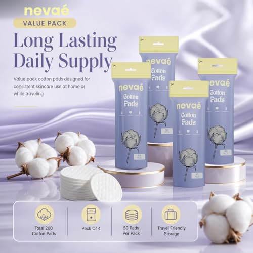 Image of Nevae Cotton Pads for Makeup Removal (200 PCS) | 100% Pure Cotton Makeup Remover Pads | Soft Facial Cotton Pad for Face Toner, Skincare & Nail Polish Removal | Lint Free Double Sided Cotton Pads | Pack of 4 (50 Pcs each)
