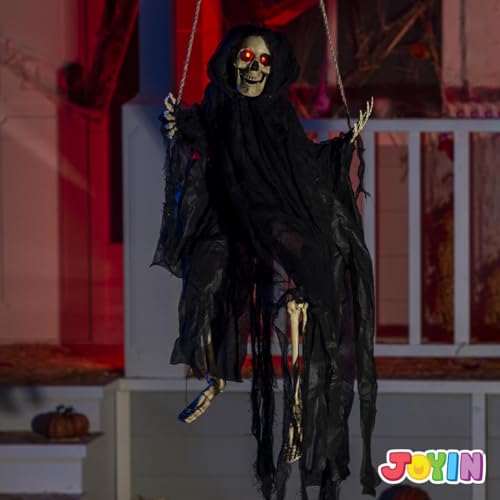 Image of JOYIN 2 Pcs Halloween Hanging Swinging Ghosts Decorations Outdoor, Halloween Scary Decor with Lighted Up Eyes, Creepy Swinging Skeleton Flying Props for Yard Patio Lawn Garden