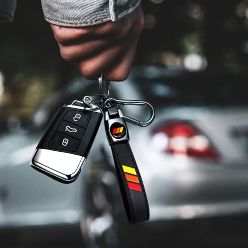 Image of Black Car Keychain for Toyota Tacoma 4Runner Tundra TRD Camry Rav4, Black Leather & Metal Key Ring with Tri-Color Stripe Logo, Car Key Holder Accessories