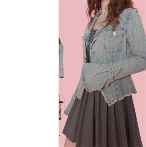 Vsadsau Women's Denim Blazer Retro Slim Fit Long Sleeve Lapel Solid Color Casual Jean Coat3