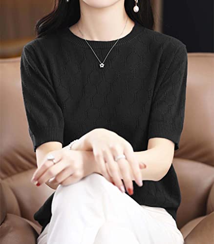 Image of Summer Hollow Out T-Shirt Women's Short Sleeve Sweater Cotton Knitted O-Neck Lightweight Pointelle Breathable Tops
