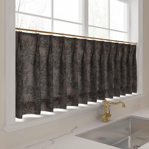 Image of TWOPAGES Pinch Pleat Leaf Print Cafe Curtains, Wine, 26W x 18L