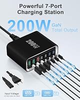 USB C Ladegerät, 200W GaN 7-Port Ladestation mit 4 USB-C +3 USB-A, 65W Schnellladegerät PD Desktop Netzteil Mehrfach USBC Fast Charger for iPhone 17/16/15, MacBook, iPad, Laptop, Samsung – Ansicht 2