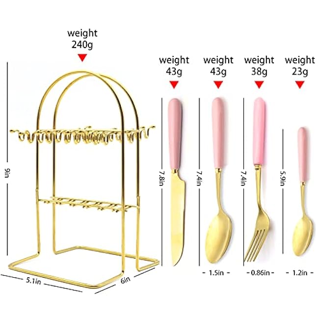 Caliamary Gold Silverware Set, 24 Pieces Flatware Set with Silverware Holder, Stainless Steel Knives Forks Spoons Cutlery Set Service for 6, Kitchen Utensil Tableware Set with Pink Handle¡