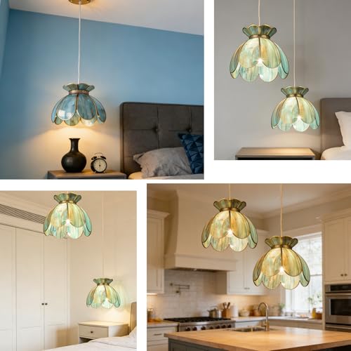 Image of Brass Glass Ceiling Pendant Light, Hanging Chain lamp, with Vintage Lotus Flower Glass Shade for Kitchen Island Dining Room Bedroom Living Room-12 Stained Glass Shade