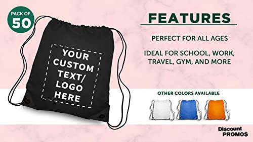 Discount Promos Custom Drawstring Backpacks Set Of 50, Personalized Bulk Pack - Water Resistant, Perfect For Gym, Camping, Beach, Outdoor Sports - Black #TOP1