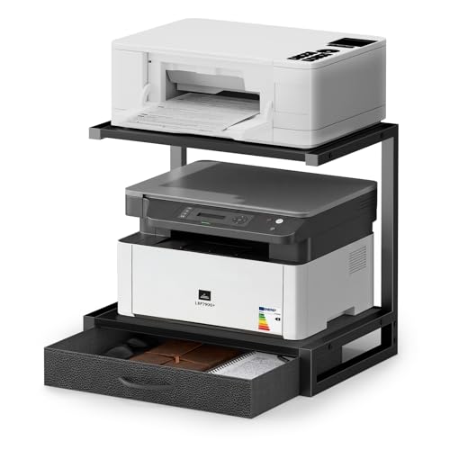 OYRREU Soporte para Impresora de Escritorio de 2 Niveles con cajón de Tela y Estante Abierto, Mesa con Almacenamiento para Impresora, Oficina en casa, Impresora 3D, fax, escáner, Negro