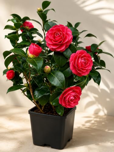 Image of Live Rare Variety Camellia Red Beauty Live Flower Plant Hybrid [height1.5-2 Feet Plant] Camellia Red Original Rare Variety Flower Plant For Home Graden outdoor Balcony Bush Tree (Pack OF 1)