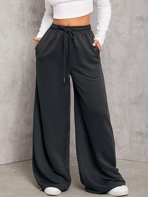 Image of Women's Wide Leg Sweatpants - High Waisted Baggy Joggers with Pockets, Oversized Cinch Bottom Lounge Pants, Cotton Blend Relaxed Fit Streetwear Trousers