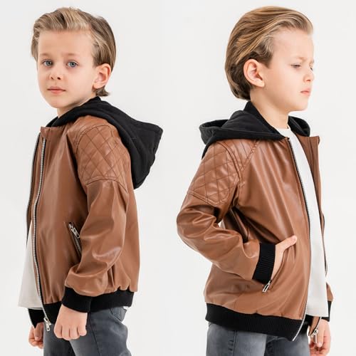 Boys Leather Jacket with Hoodie, Faux Leather Jacket for Kids, Zipper Closure Boys Leather Jacket3