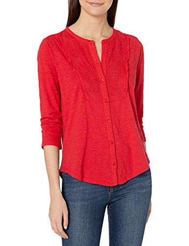 Lucky Brand Women's Long Sleeve Eyelet Bib Button Through Shirt, SKI Patrol, Large