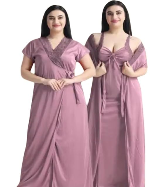 Satin Nighty Set with Robe Soft Maxi Night Dress for Women Shoulder Strap Lace Detail Sleeping-image-14