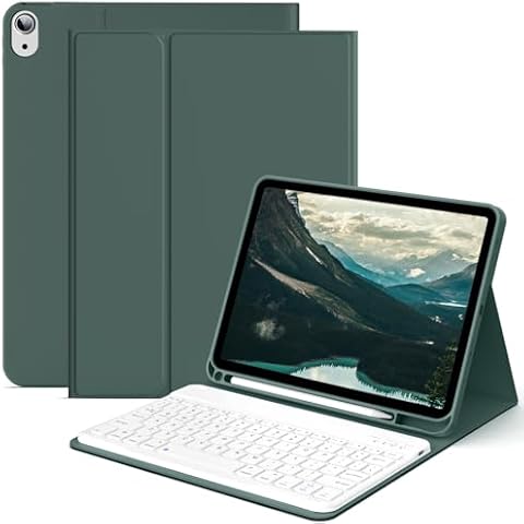 JKSML 10.9 inch iPad 10th Generation Case 2022 with Keyboard and Pencil Holder, Rechargeable Detachable Wireless Bluetooth Keyboard (Quick Connection), Soft TPU Back Shell, Auto Sleep/Wake, Dark Green Cover