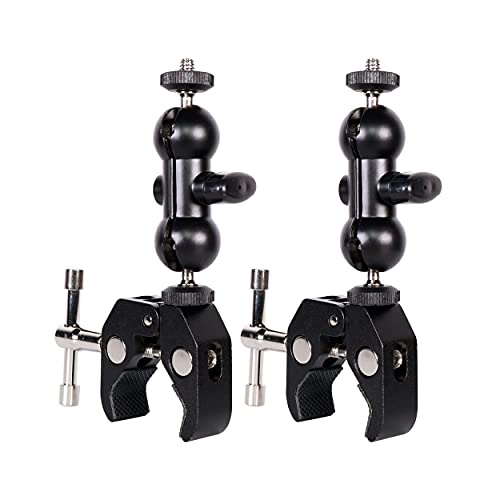 QYXINC Cool Dual Ball Head Magic Arm Adapter Camera Clamp Mount Super Clamp with 1/4 and 3/8 Thread, for DSLR Camera Rig, LED Light, Flash Light, Action Cam, 2 Pack