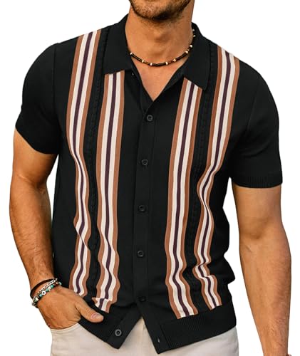 PJ PAUL JONES Mens Retro Stripes Polo Shirt Short Sleeve Button Up Knitted Italian Vintage 70s Shirts for Men Spring Summer Black Red M
