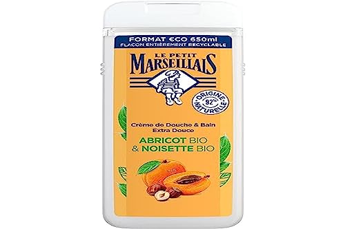Le Petit Marseillais - Crema de ducha y baño extra suave de albaricoque orgánico y avellana orgánica (botella de 650 ml) - Gel de ducha con 92% de ingredientes naturales - pH neutro para la piel