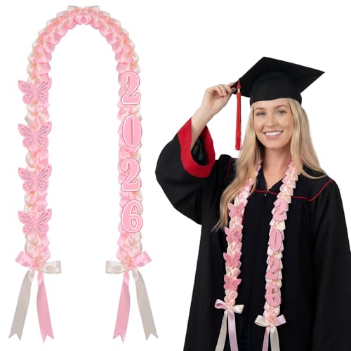 JATEBI 13 Pcs Coquette Graduation Leis and Cords Set 59 Inch Pink Ribbon Lei with Butterfly&Patches for 2026 Graduation Gift