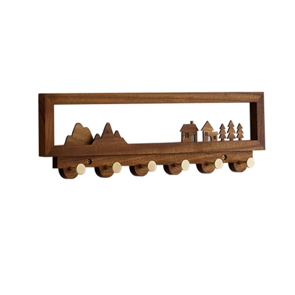 LMYSXAOZ Solid Wood Coat Rack Wall Mount Decoration, Walnut Color Wooden Hooks Entryway Hanging Rail Clothes Towel Racks with Brass Hook for Coat, Bag, 6hook