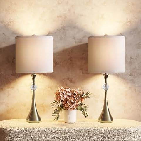 Table Lamp with USB Charging Ports Set of 2, Desk Lamp with Brass Metal Base, Fabric Eye Protection Lamp Shade Rotary Switch 25 Inch Table Light for Entry, Living Room, Bedroom, Dining Room Cover