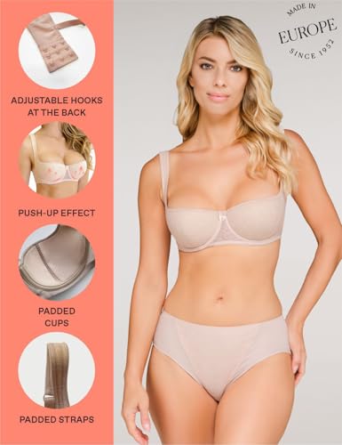 Image of Rosme Women's Balconette Bra with Push Up Effect Plus Size Sexy Lace Demi Half Cup Bra Underwired Low Cut Mesh Bras Grand