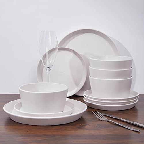 Boboym Dinnerware Set,12 Piece Stoneware Dinnerware Set For 4, Kitchen Plates And Bowls Set,White Dinner Set,Small Dot #TOP3