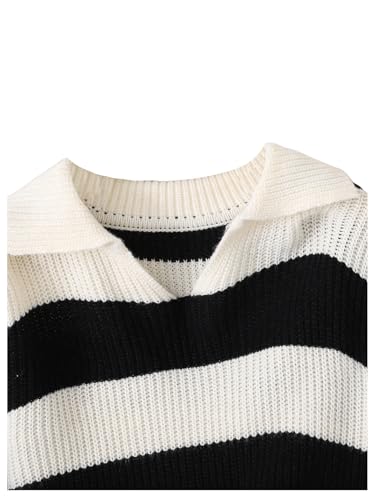 SweatyRocks Girl's Striped Sweater Colorblock Collared V Neck Long Sleeve Knit Pullovers3