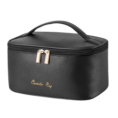 KITENROM Makeup Bag Portable Travel Cosmetic Bag with Brush Holder,Waterproof Make Up Bag For Women with Handle Dark Black