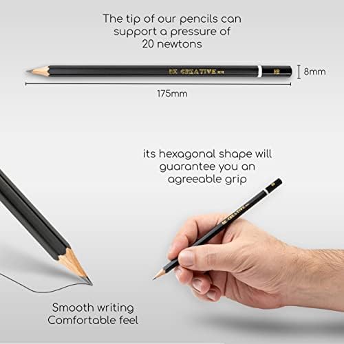BE CREATIVE HM Drawing and Sketch Pencils, Set of 20 - Graphite Art Pencils, for Adults and Children - Sketching, School, Artists, Work, Writing - Rubber, Eraser and Sharpener Supplies - HB and More