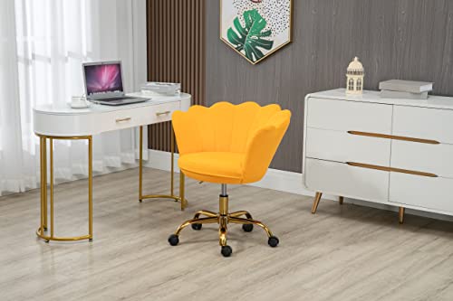 Zobido Comfy Home Office Task Chair With Wheels, Cute Modern Upholstered Velvet Seashell Back Adjustable Swivel Vanity Desk Chair, For Women, For Kids, For Girls, Living Room, Bedroom (Yellow) #TOP5
