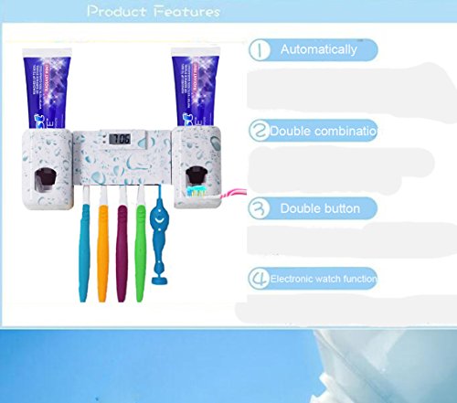 Wekity Toothbrush Holder with Double Combination Automatic Toothpaste Dispenser Toothpaste Holder with Electronic Watch 5 Toothbrush Grooves, Super Strong Stickers and Screws for Bathroom(White)