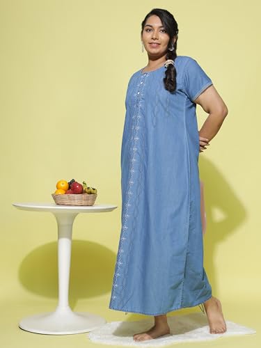 Image of 9shines Label Stylish Denim Cotton Nighty Maxi for Women | Full Length Trendy Nightgown | Premium Nightdress | Nightwear | Embroidery Nighty with Pocket (9SDS)
