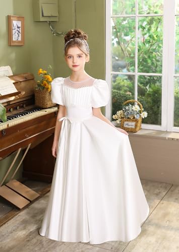 Girls First Communion Dress Satin Flower Girl Dresses for Wedding Puff Sleeves Party Ball Gown2