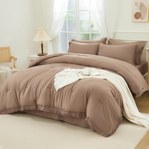 Image of Andency Oversized King Comforter Set with Sheets 128x120 Taupe - 7 Pieces Bed in a Bag Boho Soft Lightweight Bedding Sets, Tassel Bed Set with Comforter, Sheets, Pillowcases & Shams