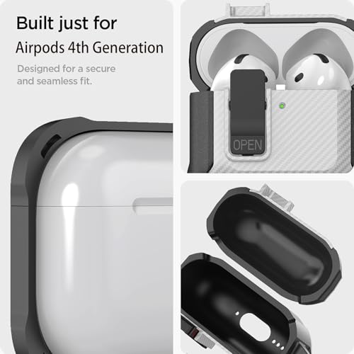Image of Olytop for Airpods 4 Case with Lock Clip, Rugged Apple Airpods 4th Generation Cover 2024 Men Women, Armor Shockproof iPod 4 Gen Protective Hard Shell with Carabiner&Cleaner kit,CF Black /White