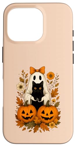 ビンテージ かわいい ハロウィン 幽霊 黒猫 秋 花 スマホケース iPhone 16 Pro 用