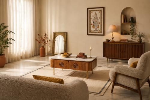 Image of Solid Wood Mandala Coffee Table with Sintered Stone Top for Living Room | Dark Teak Finish Lacquered | 115 cm (W) x 60 cm (D) x 45 cm (H)